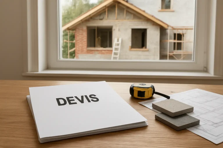 Devis d’extension maison posé sur une table avec plans et ambiance de chantier domestique