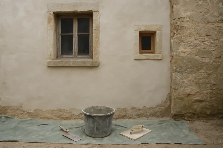 Façade en rénovation avec un enduit extérieur à la chaux et des outils de maçonnerie