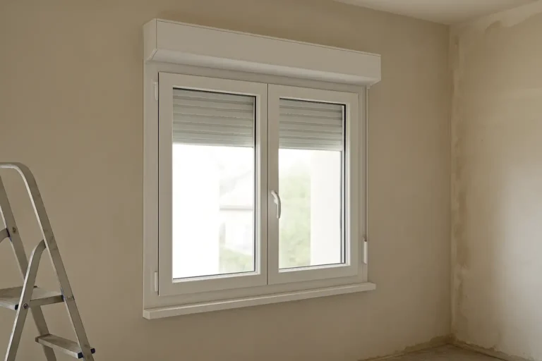 Fenêtre PVC blanche avec volet roulant dans une pièce en rénovation
