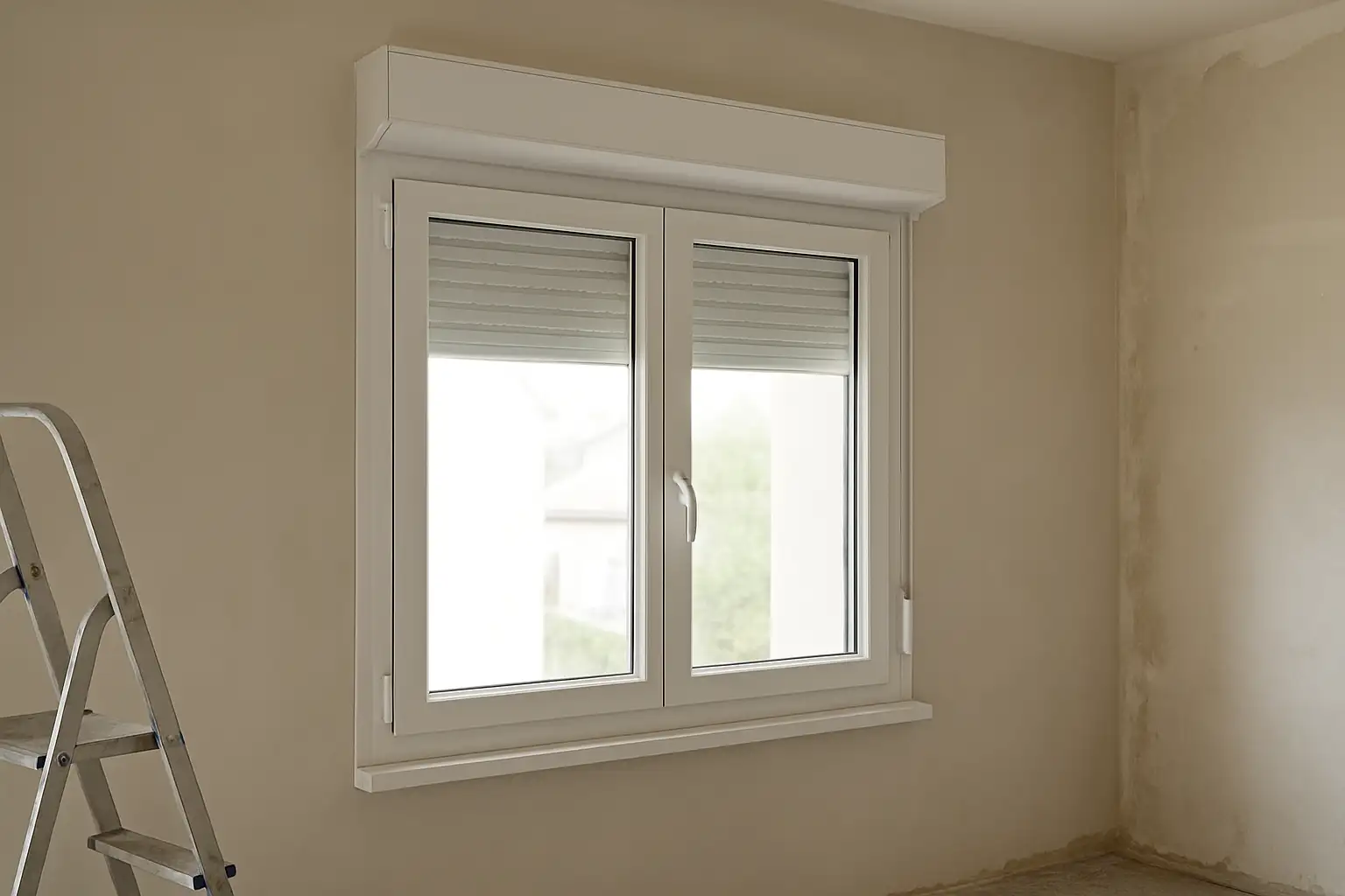 Fenêtre PVC blanche avec volet roulant dans une pièce en rénovation