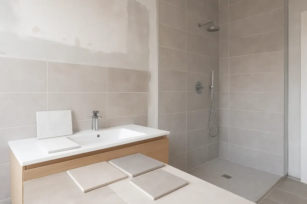 Salle de bain moderne avec carrelage élégant et échantillons de revêtements