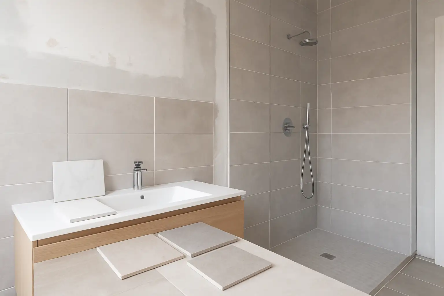 Salle de bain moderne avec carrelage élégant et échantillons de revêtements