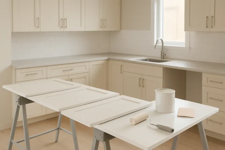 Meubles de cuisine déposés et préparés avant peinture dans une cuisine en rénovation