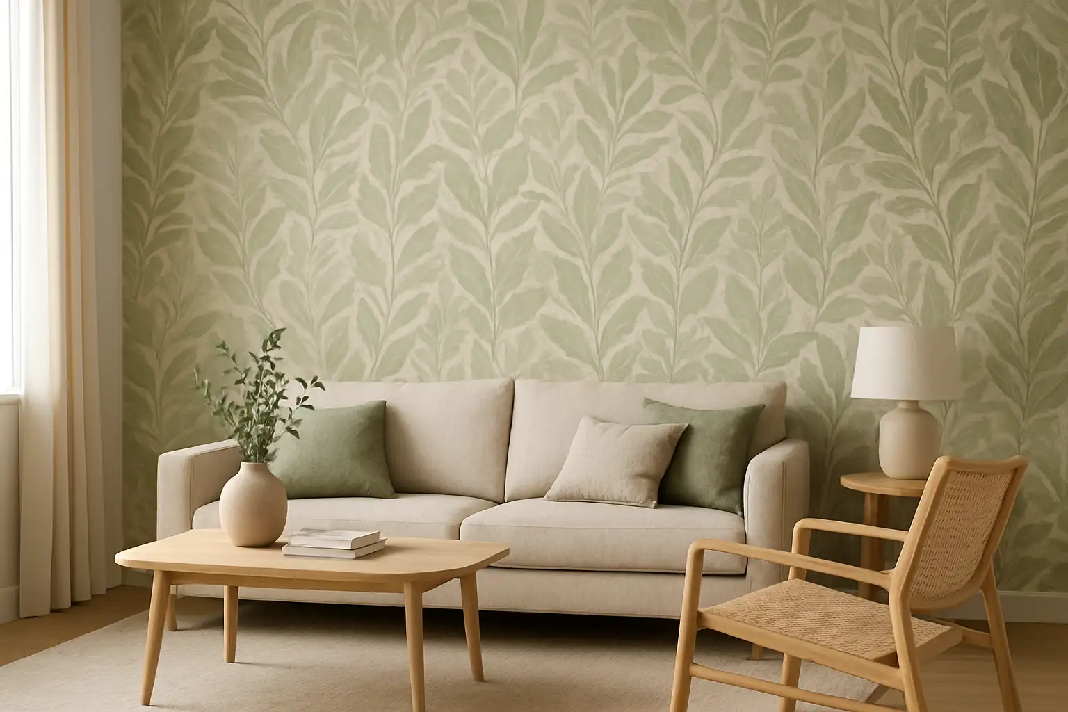 Salon moderne avec un papier peint tendance à motif végétal et des tons naturels