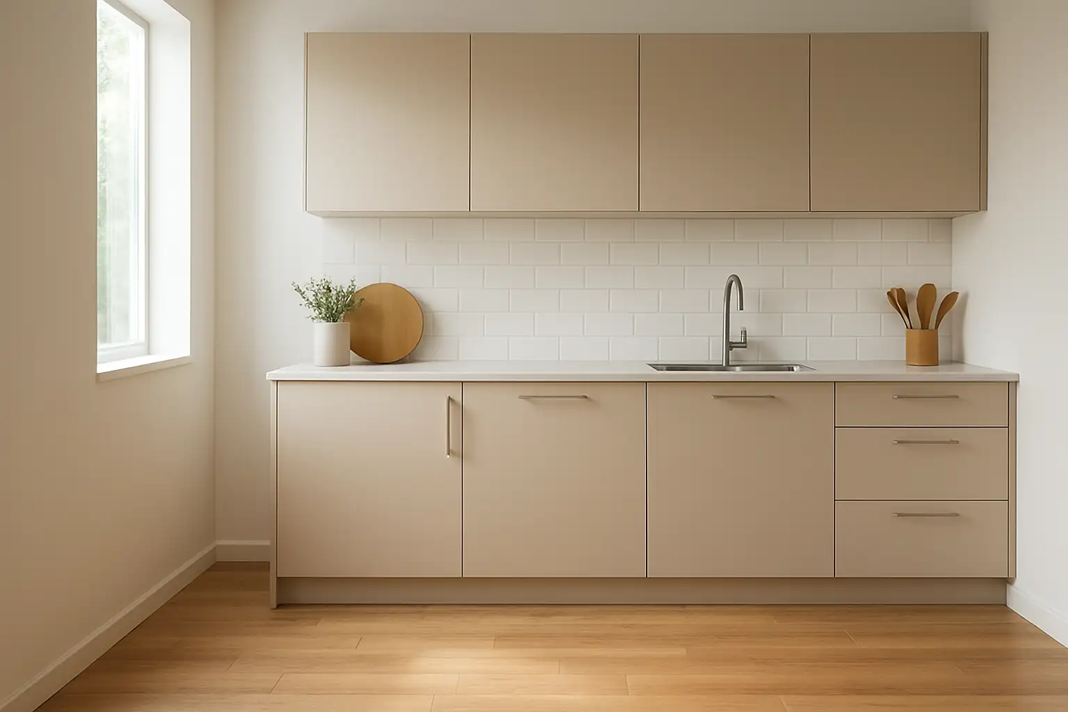 Cuisine moderne avec parquet en bois clair au sol
