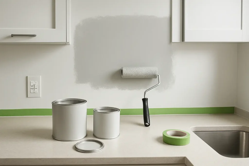 Plan de travail de cuisine en rénovation avec peinture et outils de protection
