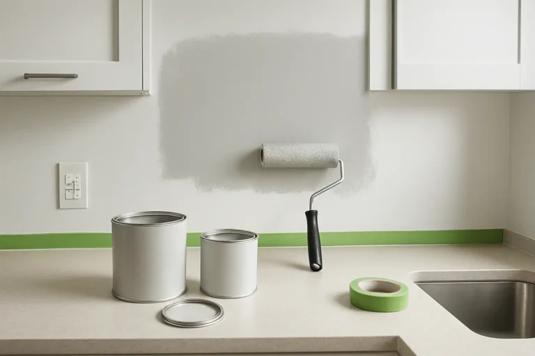 Plan de travail de cuisine en rénovation avec peinture et outils de protection