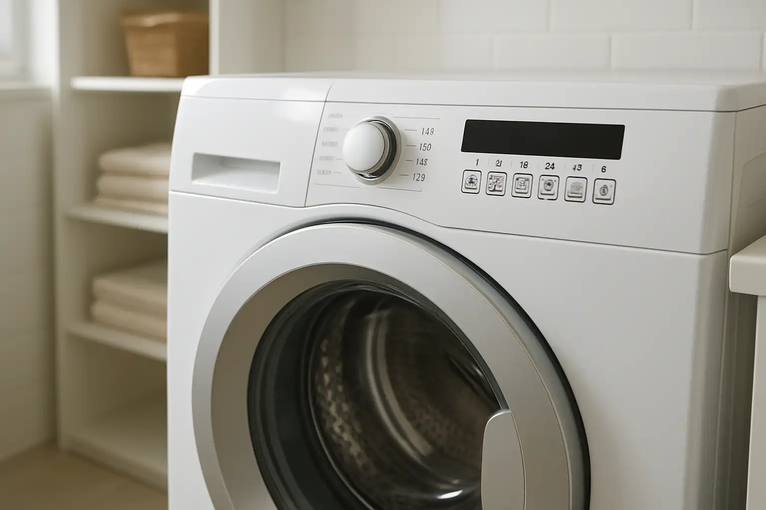 Machine à laver moderne avec pictogrammes de lavage visibles sur le bandeau de commande