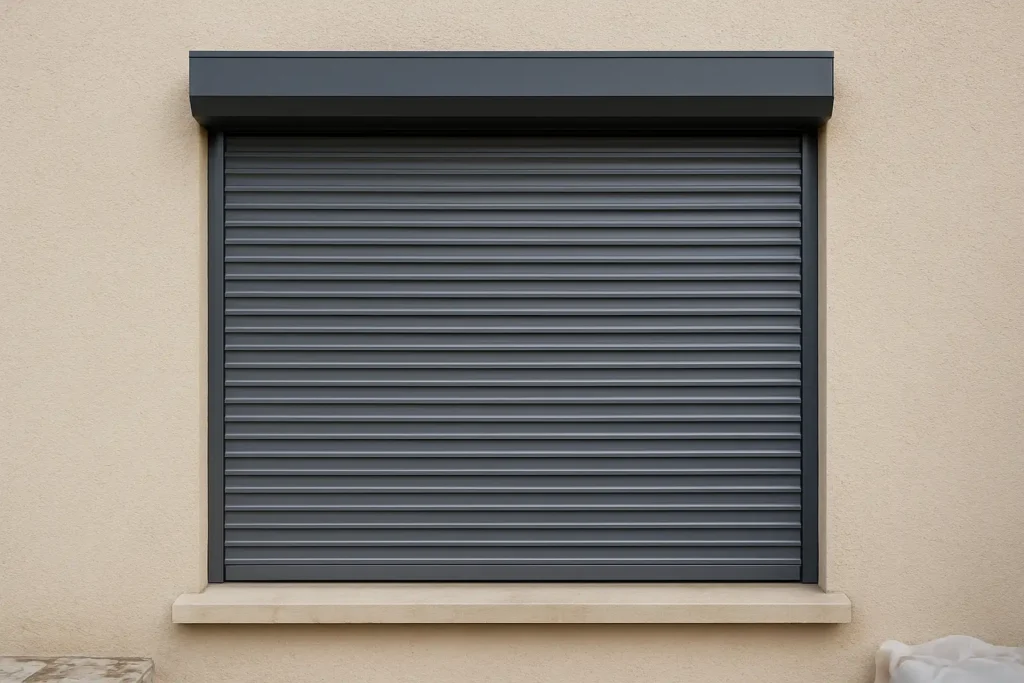 Volet roulant moderne en aluminium sur une façade de maison, illustrant le prix des volets roulants