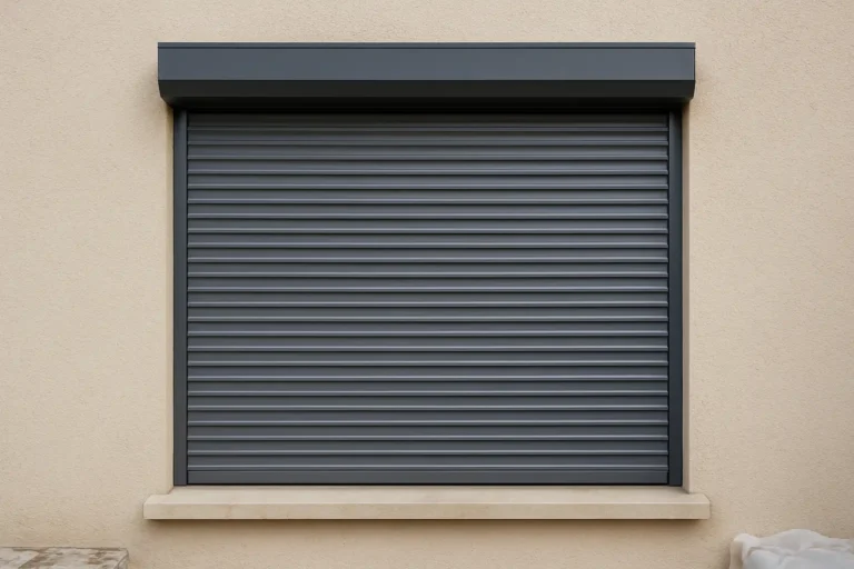 Volet roulant moderne en aluminium sur une façade de maison, illustrant le prix des volets roulants