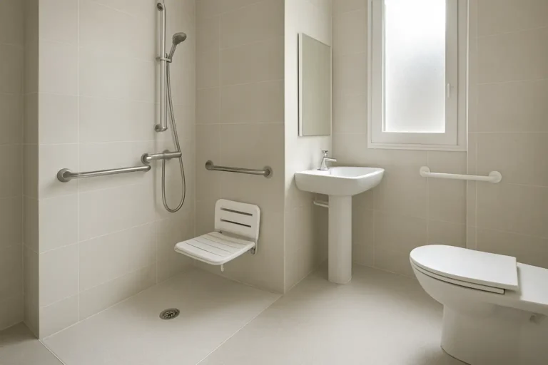 Salle de bain PMR moderne avec douche de plain-pied, barre d’appui et espace accessible