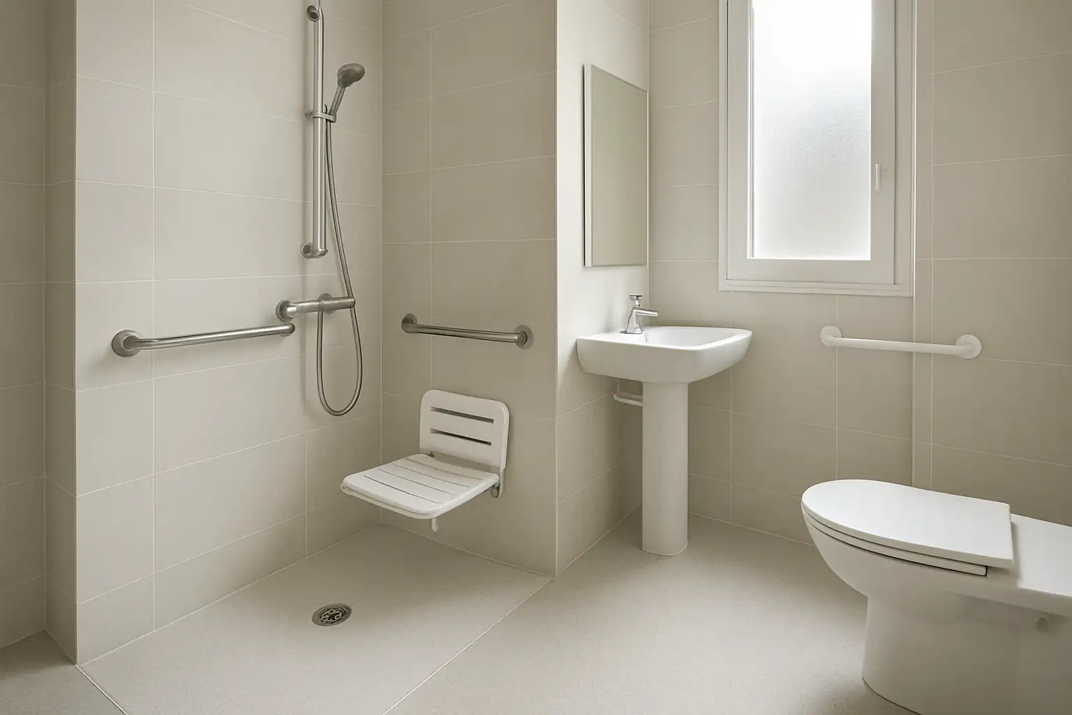 Salle de bain PMR moderne avec douche de plain-pied, barre d’appui et espace accessible