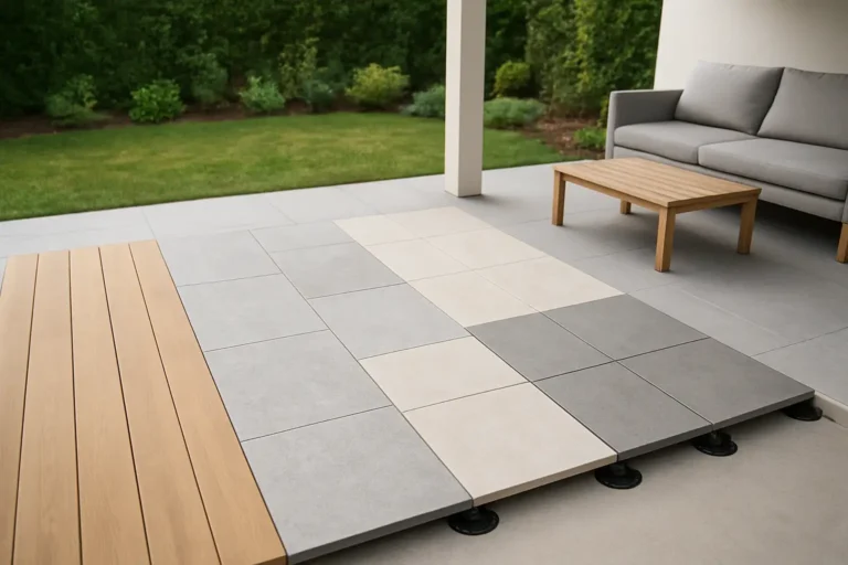 Comparatif de sols pour terrasse avec échantillons de bois, pierre, carrelage et dalles sur plots