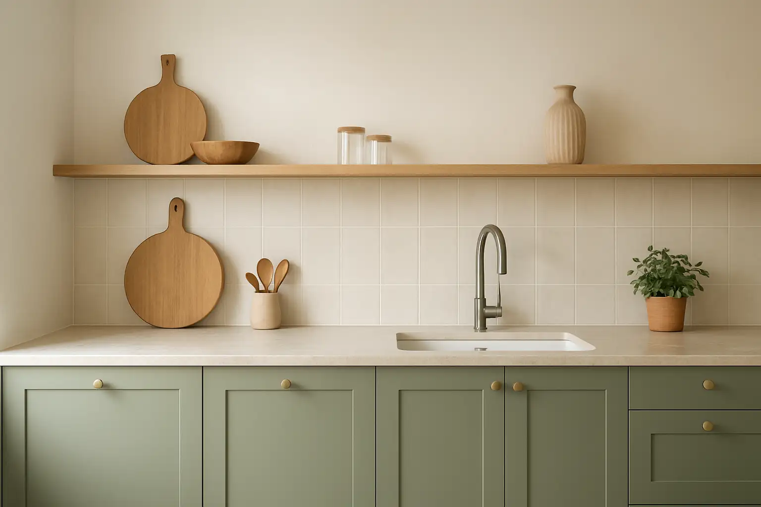 Cuisine contemporaine avec meubles vert sauge et plan de travail clair illustrant la tendance couleur cuisine 2025