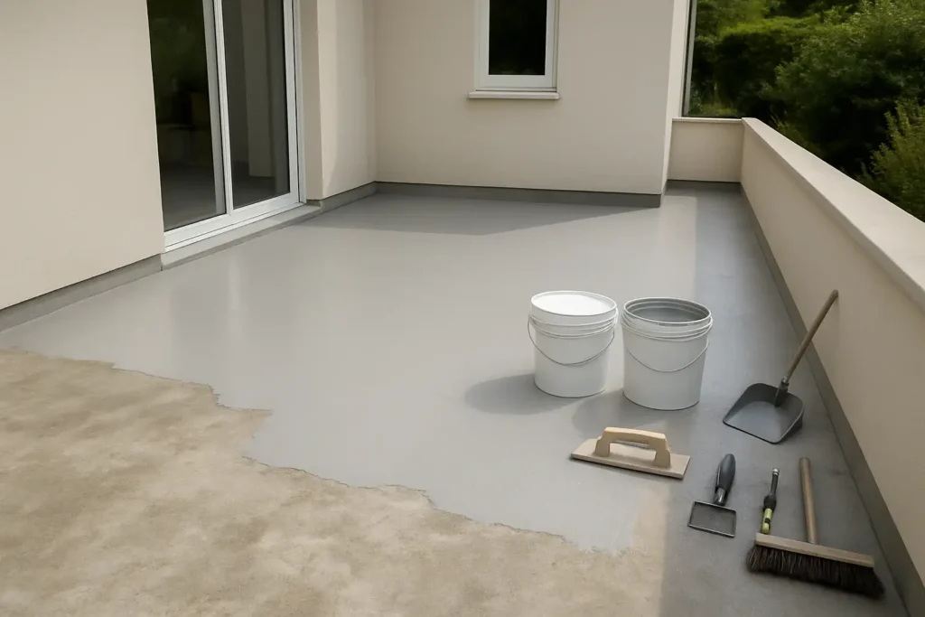 Terrasse en résine en cours de pose sur un chantier de rénovation extérieure