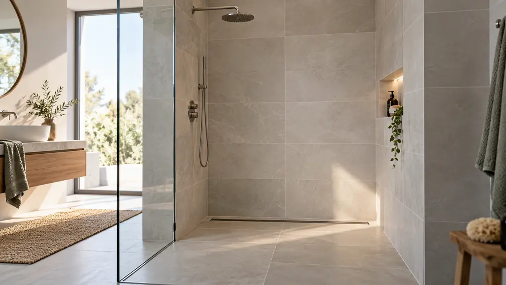 Carrelage de douche posé avec des joints fins et réguliers