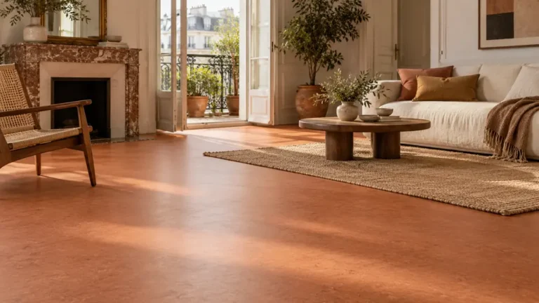 Sol en linoléum naturel terracotta dans un salon lumineux
