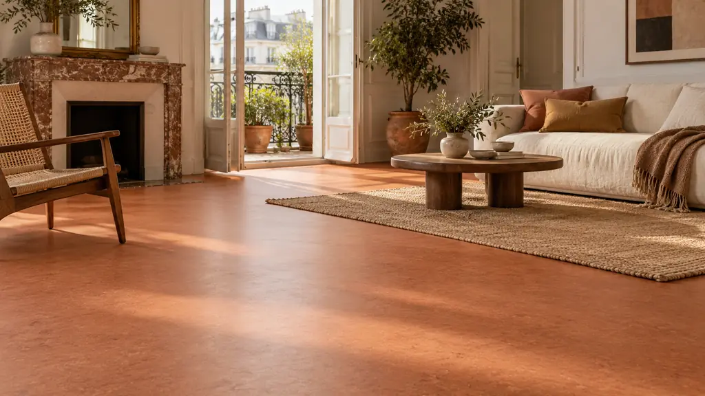 Sol en linoléum naturel terracotta dans un salon lumineux