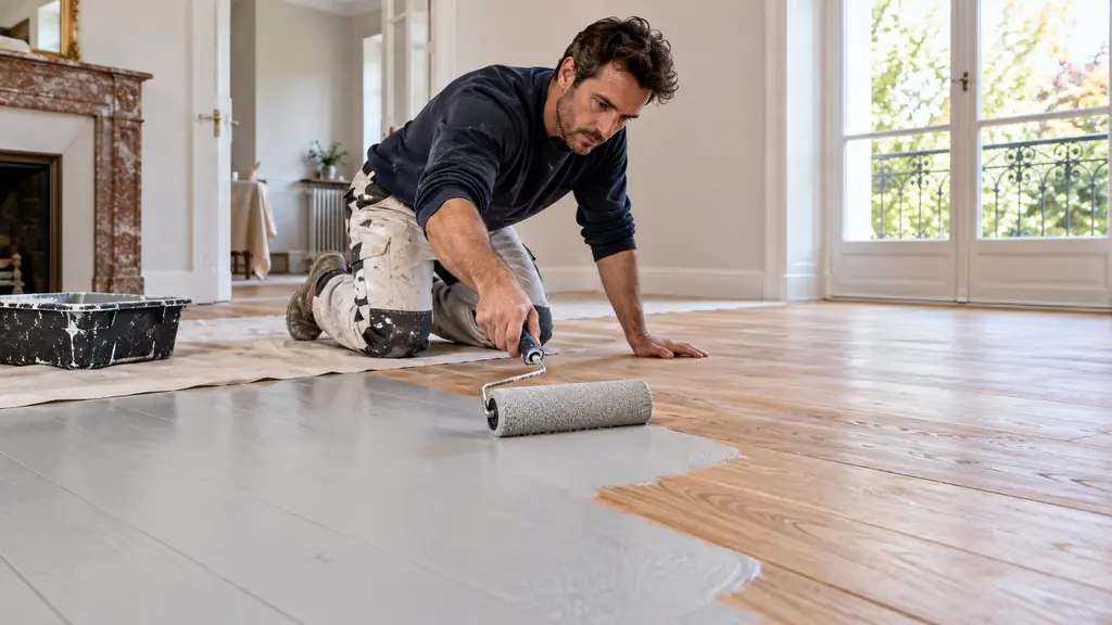 Application d’une peinture mate sur un parquet en bois poncé