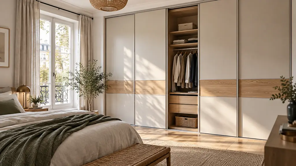 Porte de placard coulissante en bois clair ajustée dans une chambre lumineuse