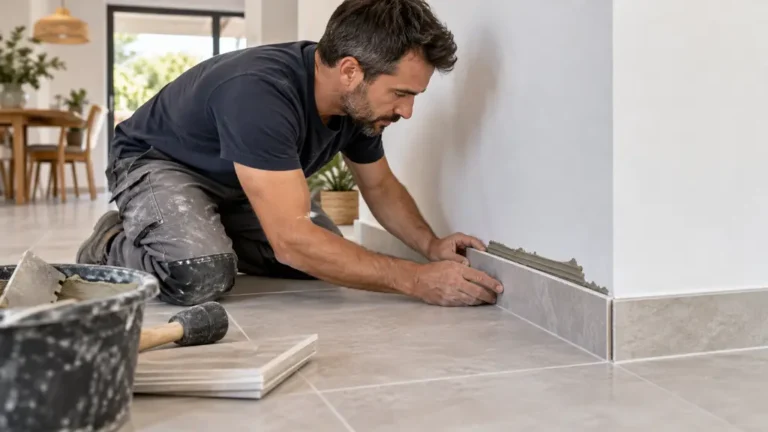 Pose soignée d’une plinthe en carrelage le long d’un mur de salle de bain