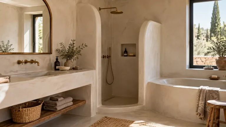 Mur de salle de bain en tadelakt beige lisse autour d’une vasque artisanale